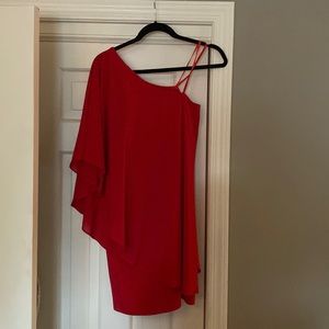 Coral red short midi dress one shoulder